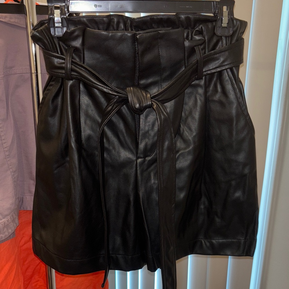 Black Faux Leather Paperbag Shorts